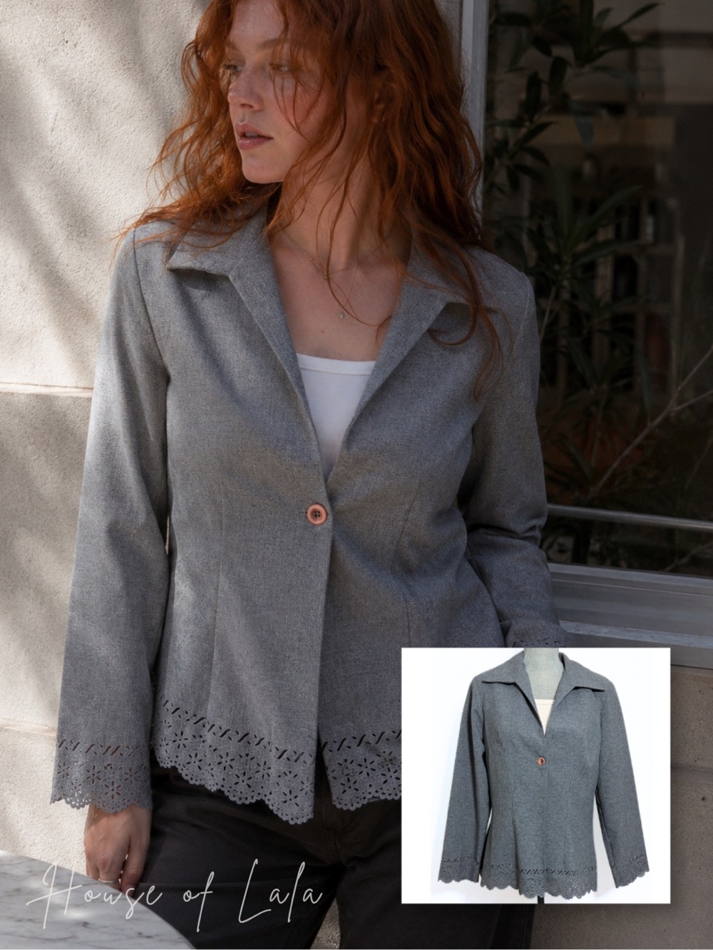 Grey 90s Power Blazer. Laser Cut Unique Cutout Detail
